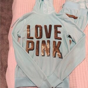 Victoria's Secret Light Blue Hoodie and pant set with Gold Sequins